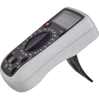 Een digitaal multimeter met display, draaiknop en aansluitbussen. Het staat op een uitklapbare standaard.