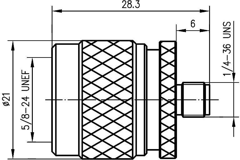 Technische tekening van een connector met afmetingen, schroefdraadspecificaties en structuurdetails. Bevat maatlijnen en labels.