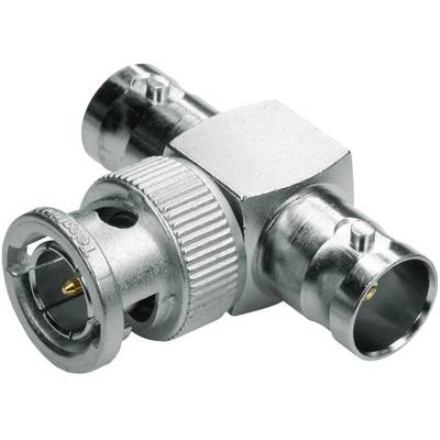 Een T-adapter met BNC-aansluitingen, van metaal, voor het verbinden van coaxiale kabels in netwerksystemen.