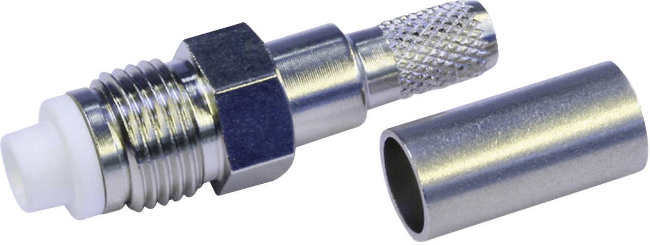 Een zilveren coaxiale kabelstekerbouwdeel met een aangesloten metalen behuizing, op een witte achtergrond.