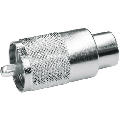 Zilveren metalen stekker met gestructureerde mouw en gladde oppervlak, vaak gebruikt voor antenne-aansluitingen.