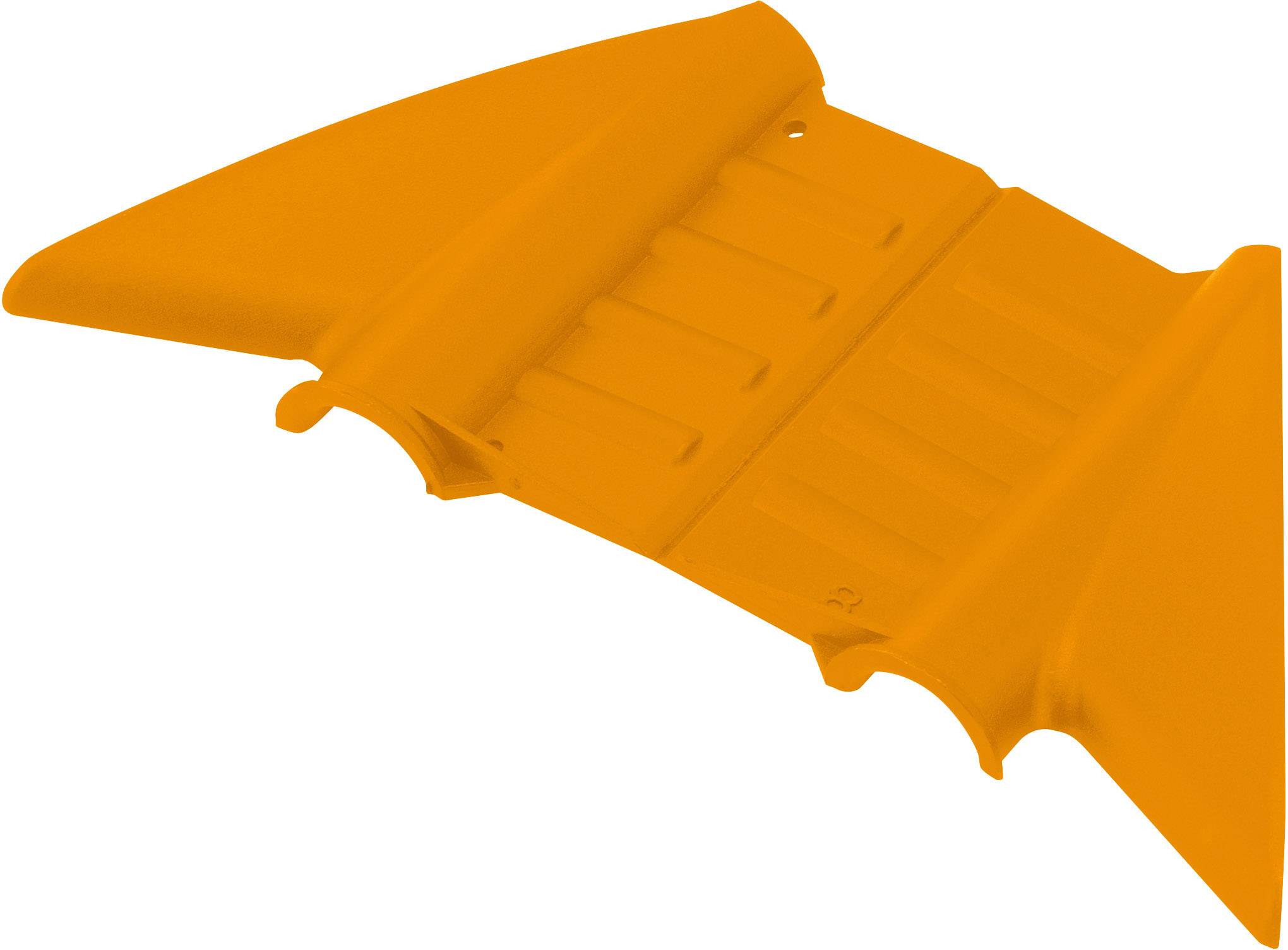 Een oranje kunststof onderdeel met meerdere groeven. Het heeft onregelmatige randen en een afgeschuinde punt.
