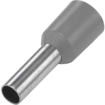 Een geïsoleerde kabelschoen met een grijze kunststof isolator en een metalen buisje. Wordt gebruikt voor het verbinden en isoleren van elektrische kabels.