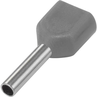 Een grijze adereindhuls met metalen buis en geïsoleerd vierkant uiteinde. Gebruikt voor het beveiligen van kabeleinden in elektrische toepassingen.