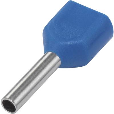 Blauwe adereindhuls met metalen buisje, gebruikt voor het verbinden van elektrische geleiders.