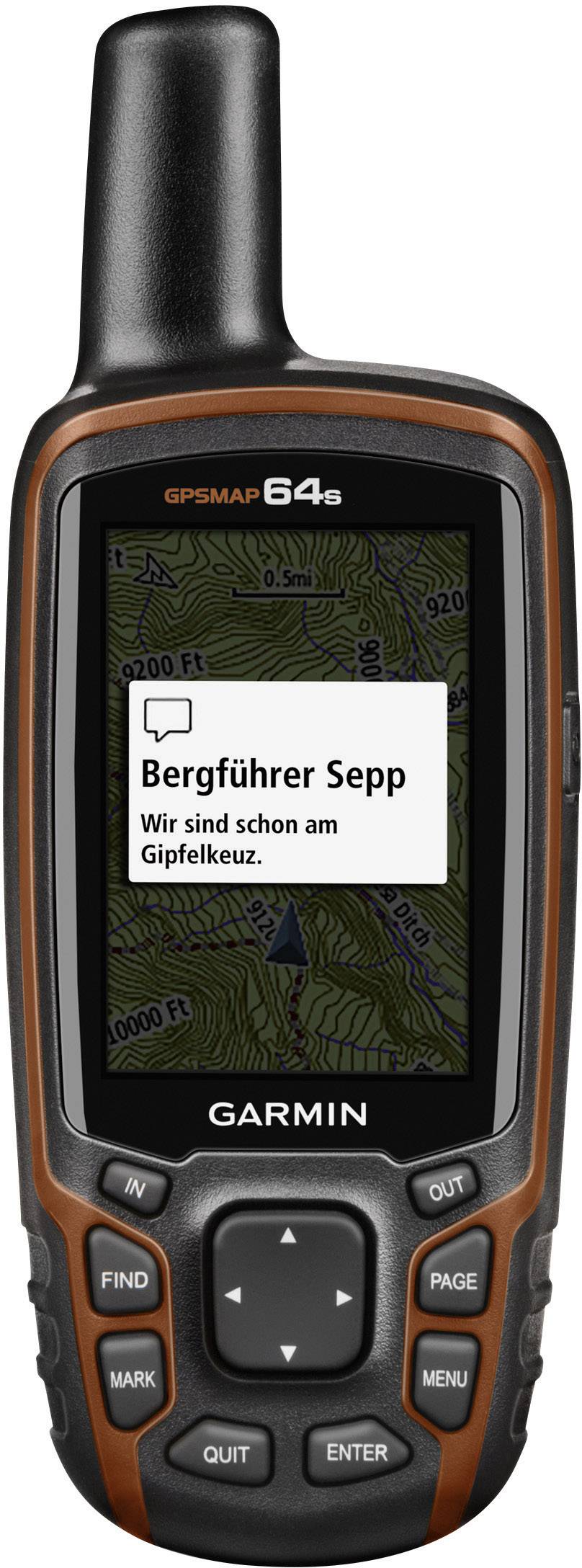 Een draagbaar GPS-apparaat toont een kaart met de melding 'Bergbegeleider Sepp: We zijn al bij het bergkruis'.