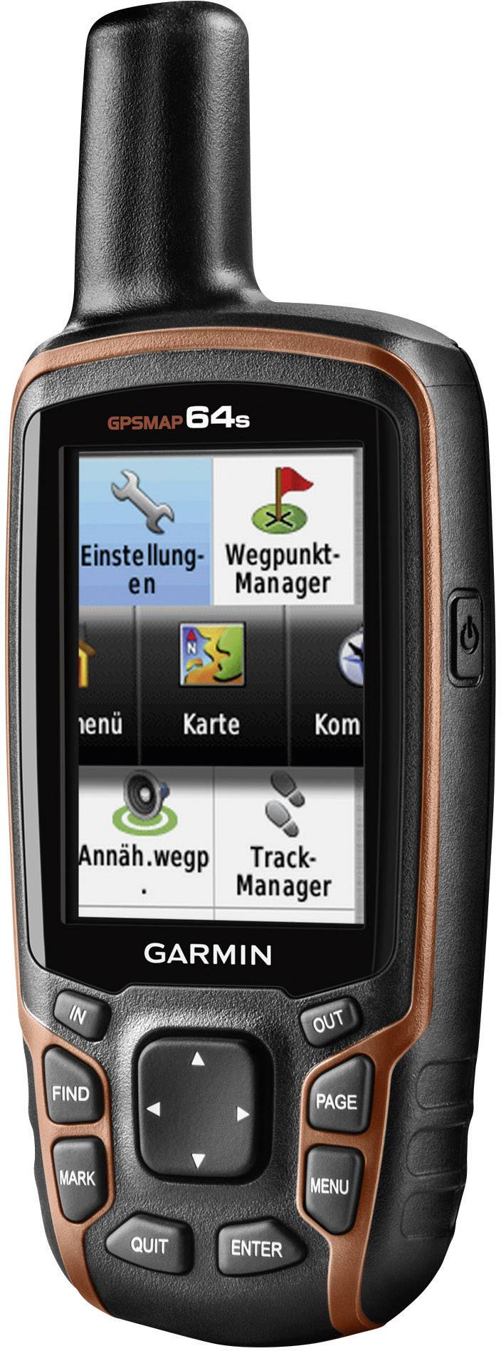 Draagbaar GPS-apparaat met groot display. Het scherm toont een gebruikersinterface met functies zoals 'Instellingen' en 'Kaart'.