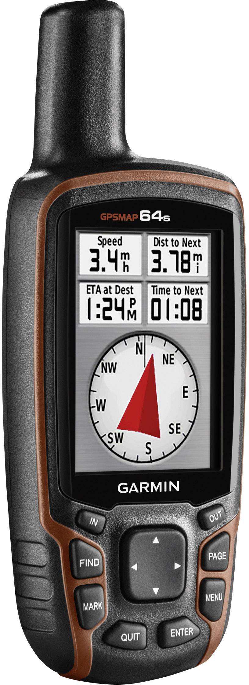 Handapparaat GPSMAP 64s van Garmin toont navigatie-elementen op het scherm zoals snelheid, afstand en kompas.