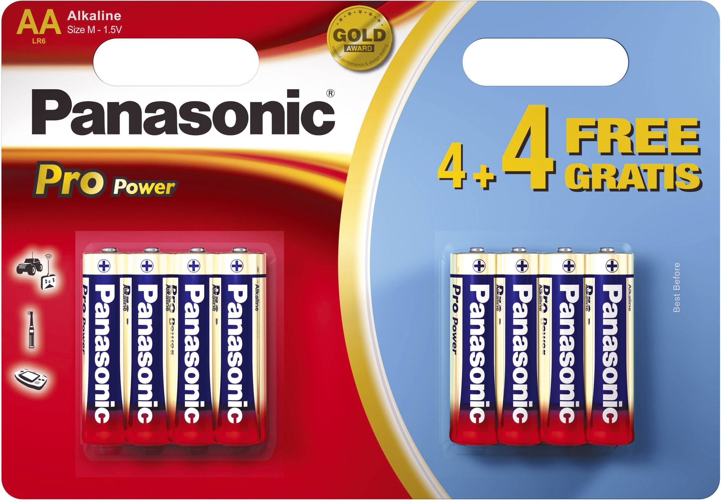 Verpakking van Panasonic AA-batterijen: Links vier batterijen, rechts acht (4+4 gratis). Geschikt voor camera's, zaklantaarns, afstandsbedieningen.