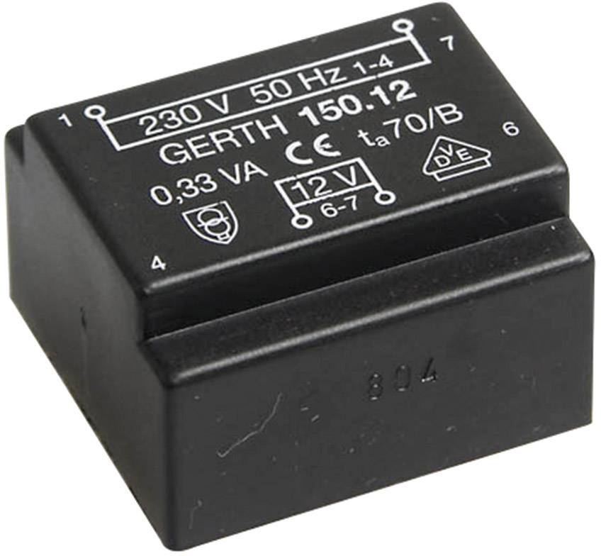 Een zwarte transformator met opdrukken: '230V 50Hz 1-4', 'GERTH 150-12', '0,33 VA', '12V'. Bevat CE-markering.