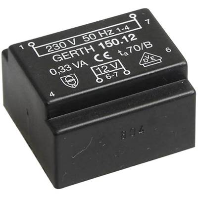 Een zwarte transformator met opdrukken: '230V 50Hz 1-4', 'GERTH 150-12', '0,33 VA', '12V'. Bevat CE-markering.