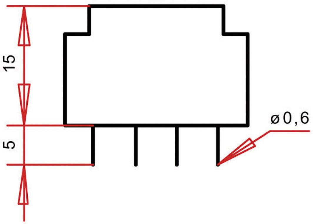 Doorsnede van een elektronisch onderdeel met afmetingen: hoogte 15 mm, afstand van basis 5 mm, pin-diameter 0,6 mm.