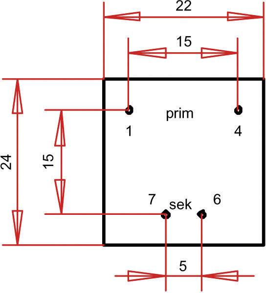 Vierkante schakelschema met aanduidingen: 'prim', 'sek' en afmetingen in millimeters; zijlengtes 22 en 24, gaten genummerd.