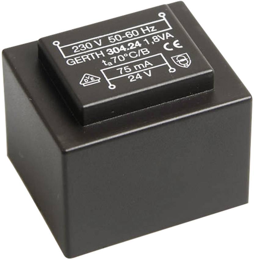 Zwarte transformator met opschrift: '230 V 50-60 Hz, 75 mA, 24 V'. Voor spanningsomzetting in elektrische apparaten.
