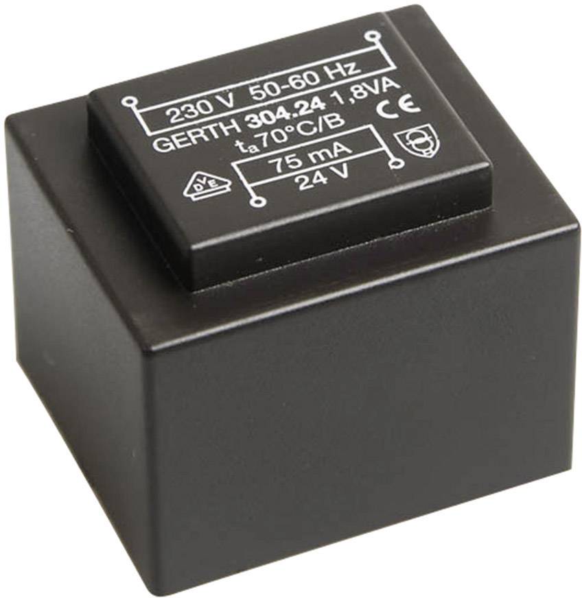 Zwarte rechthoekige transformator, gemarkeerd met '230 V 50-60 Hz', Model GERTH 304-24, nominaal vermogen 1,8 VA, uitgang 24 V, 75 mA.