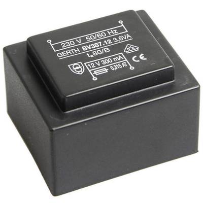 Zwarte elektrische transformator met opschrift '230 V 50/60 Hz, GERTH BV387.12 3,6VA, 12V 300mA'.