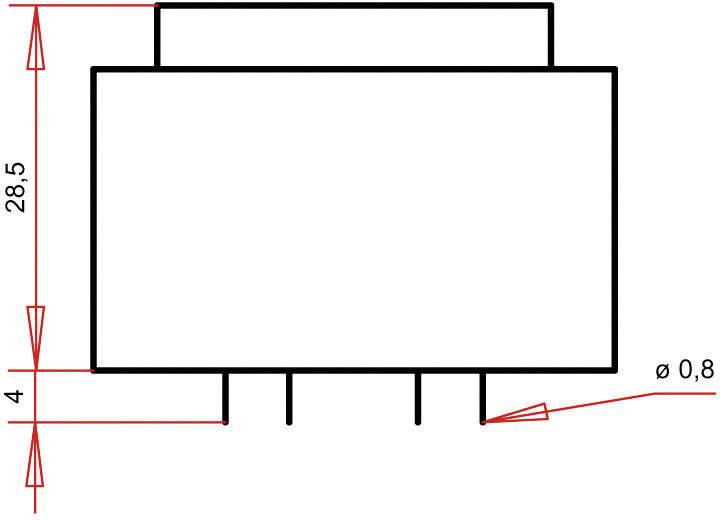 Technische tekening van een rechthoekig object met afmetingen van 28,5 in hoogte, 4 in breedte en een diameter van 0,8.