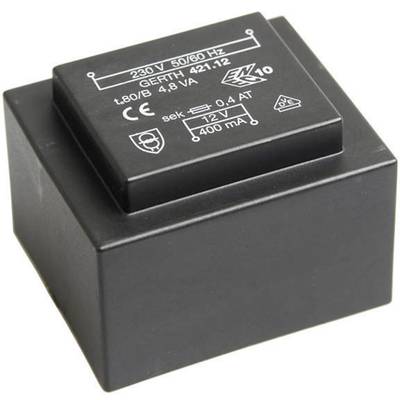 Zwarte transformator met opschrift '230 V 50/60 Hz'. 12 V uitgangsspanning, 400 mA uitgangsstroom.