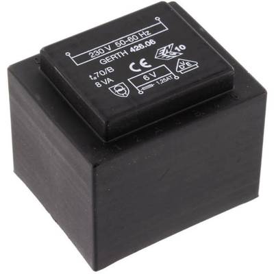 Een zwarte elektrische transformator met de opschrift '230 V, 50-60 Hz, 8 VA'.