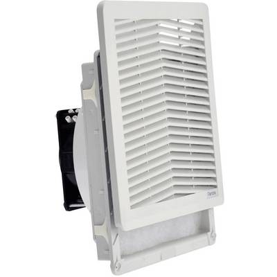 Een witte ventilatierooster met verticale lamellen die een ventilator en filter afdekken. Geschikt voor inbouw in muren of plafonds.