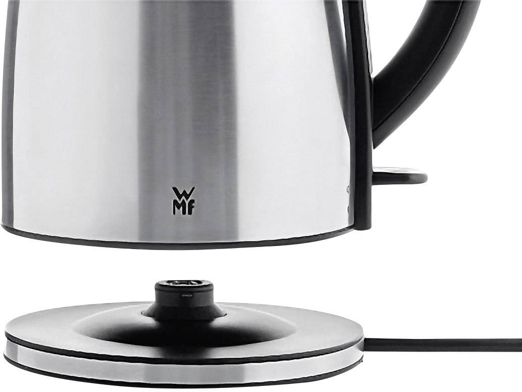 Een waterkoker van roestvrij staal op een rond zwart voetstuk met een handvat aan de rechterkant.