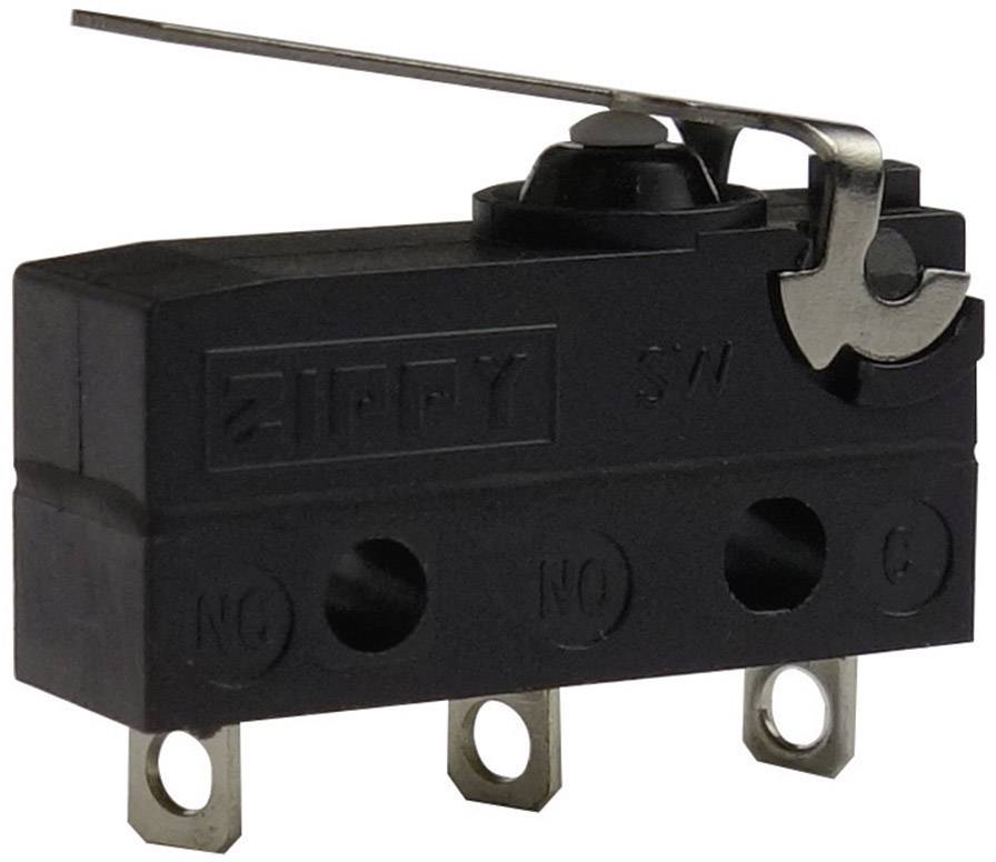 Zwarte microschakelaar met drie aansluitklemmen en hefboom, geschikt voor elektrische besturingen en mechanische triggers.