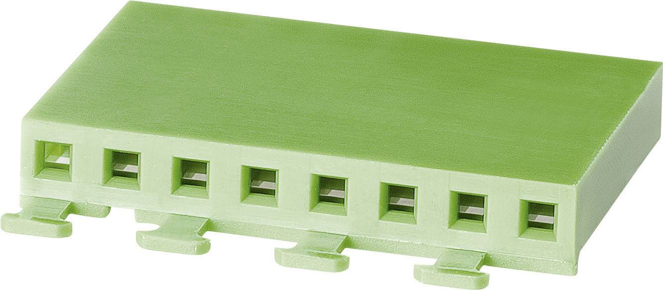 Groene, rechthoekige kunststof klem met zes vierkante openingen en bevestigingselementen aan de onderkant.
