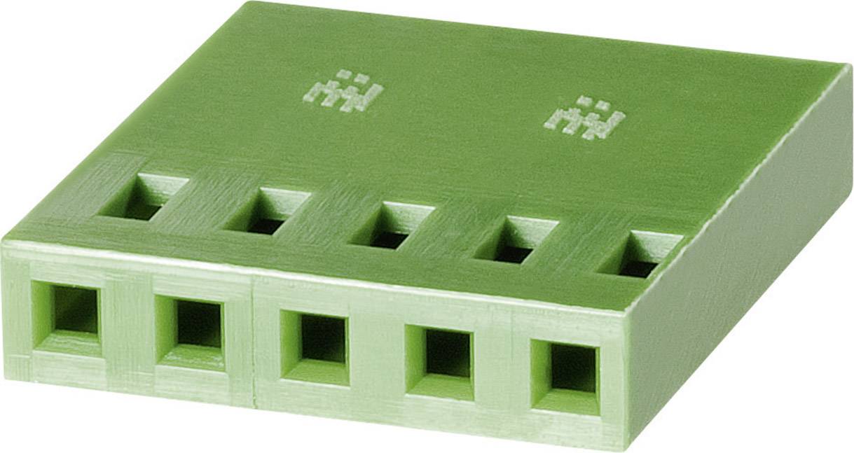 Een groene kunststof blok met vijf rechthoekige openingen in twee rijen. Bovenaan zijn lichte gravures zichtbaar.