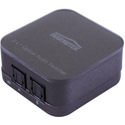 Kleine optische audio-switch met twee ingangen, aangeduid als 'A' en 'B', en één uitgang. Bovenop staat de merknaam.