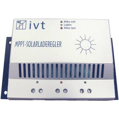 MPPT-zonnelader. Drie LED-indicatoren voor 'accu vol', 'laden', 'accu leeg'. Markering: ivt. Zonnesymbool.