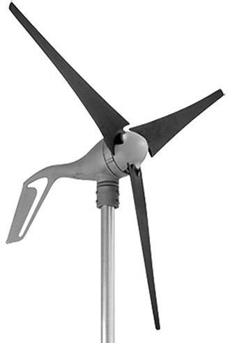 Kleine windturbine met drie rotorbladen op een metalen mast, geschikt voor het opwekken van hernieuwbare energie in de woonomgeving.