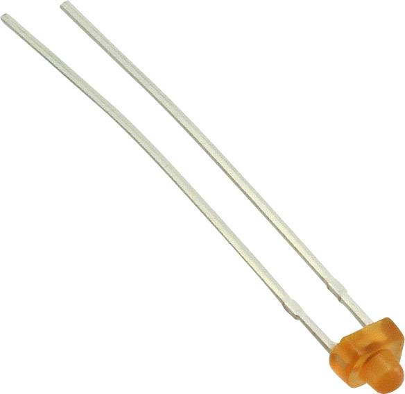 Een oranje lichtdiode (LED) met twee lange, metalen aansluitingen die in tegenovergestelde richtingen zijn gebogen.