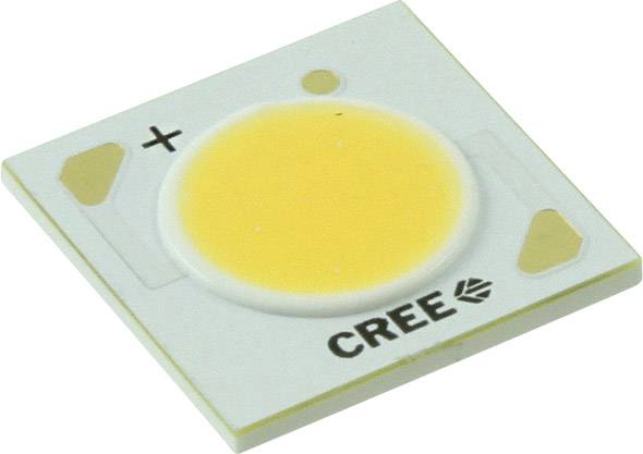 Een vierkant LED-module met een geel verlichtingsgebied in het midden, met plus- en mintekens voor aansluiting aan de linkerkant.