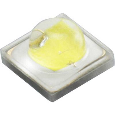 Een enkele gele LED-component met transparante kap op een vierkante metalen basis, die wordt gebruikt voor elektronische toepassingen.