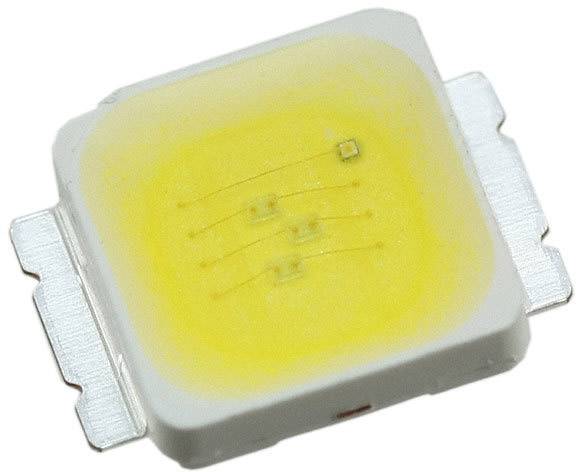 Op de afbeelding is een lichtgevende LED-chip-component van dichtbij te zien, zoals vaak gebruikt wordt in verlichtings- en elektronische apparaten.