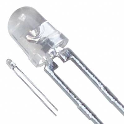 Een transparante lichtdiode (LED) met twee aansluitingen, een langere en een kortere, op een witte achtergrond.