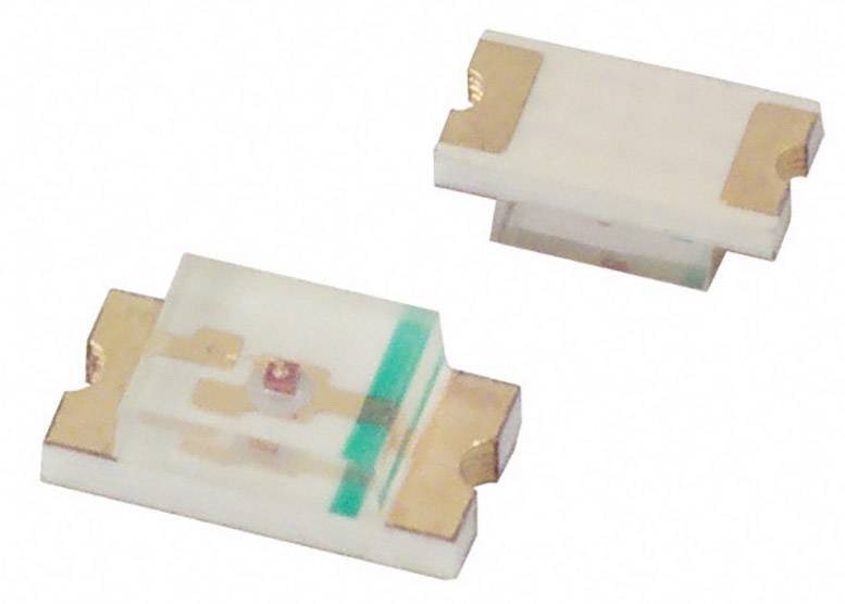 Twee SMD-LED's van dichtbij, een van bovenaf en een van opzij. Ze tonen de typische rechthoekige vorm en gouden contacten.