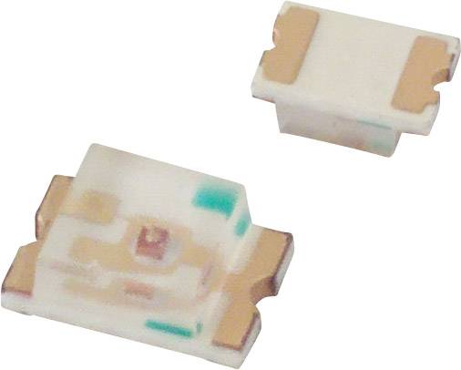Twee SMD-LED's op een witte achtergrond. Ze zijn klein en rechthoekig, met gouden aansluitingen.