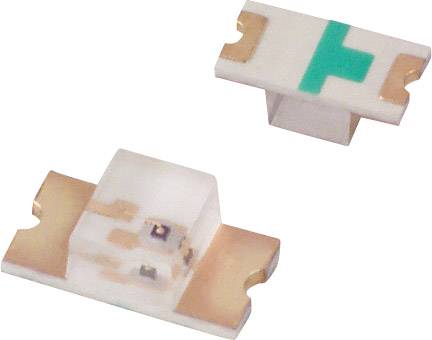 Twee SMD-LED's op een witte achtergrond. Eén LED is vooraanzicht met metalen contactpunten, de andere in zijaanzicht met een groen symbool.