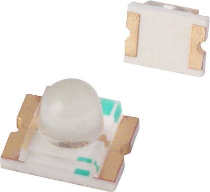 Een SMD-LED-component met een witte koepel en metalen contacten. Zijaanzicht toont gedetailleerde aansluitingen voor elektronica.