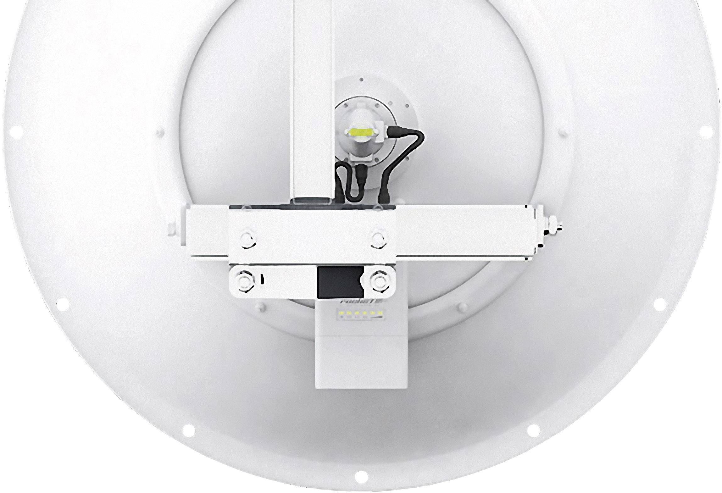 Een grote, ronde schotelantenne met centraal bevestigde houder en elektronische componenten.