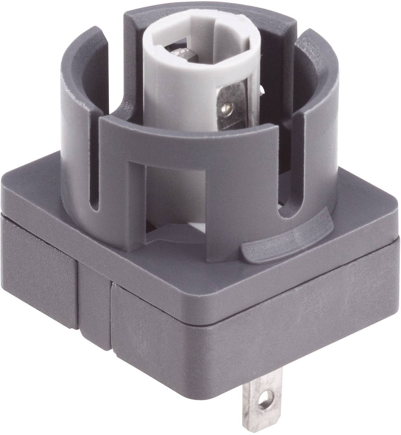 Grijze, cilindrische adapter met twee metalen pennen onderaan. Wordt gebruikt voor elektrische verbinding of aansluiting van verschillende stekkers.
