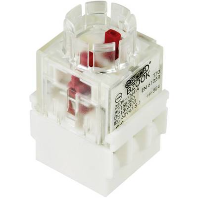Een transparante elektrische schakelaar met rode binnenkant. Voorzien van technische specificaties: 250V, 16(4)A, EN 61058.