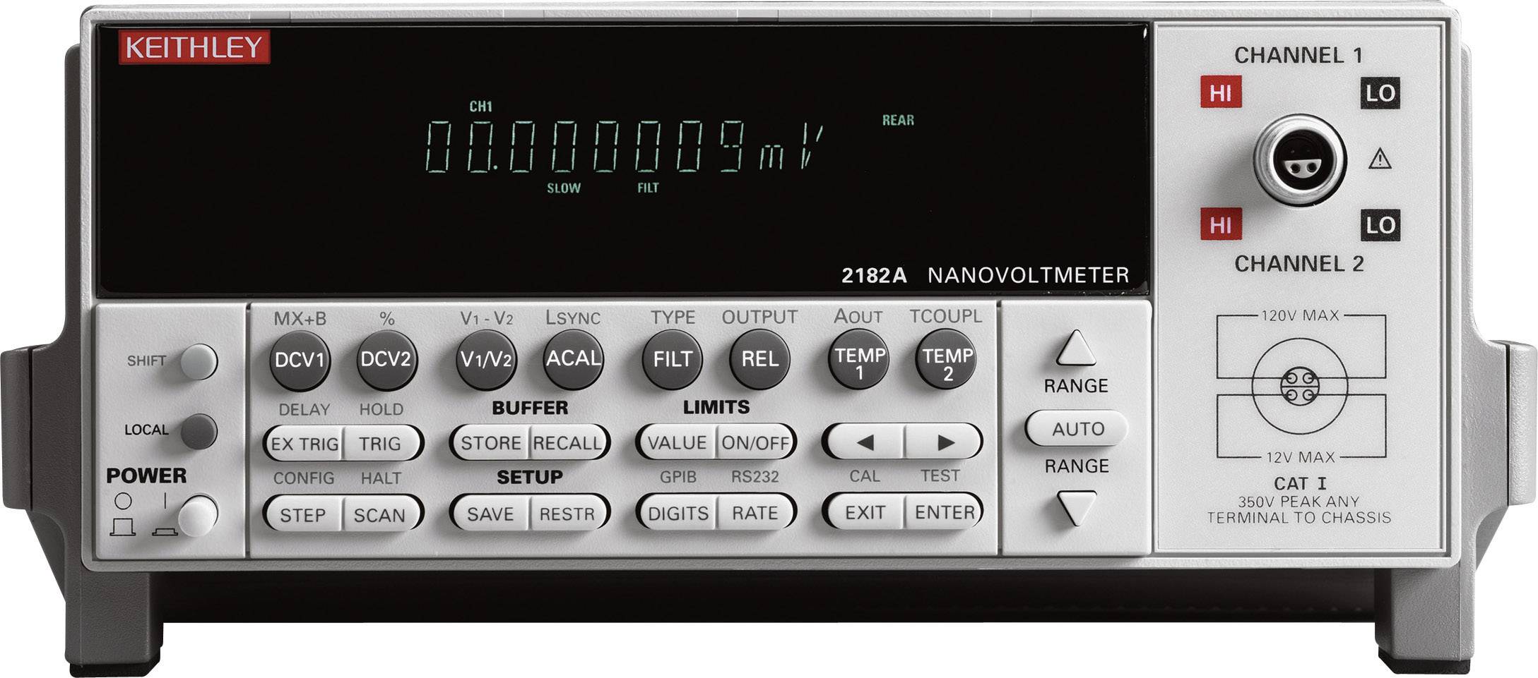 Een digitaal nanovoltmeter met display en bedieningselementen. Het toont een spanning van 0,0000009 mV. Kanalen en meetinstellingen zijn zichtbaar.
