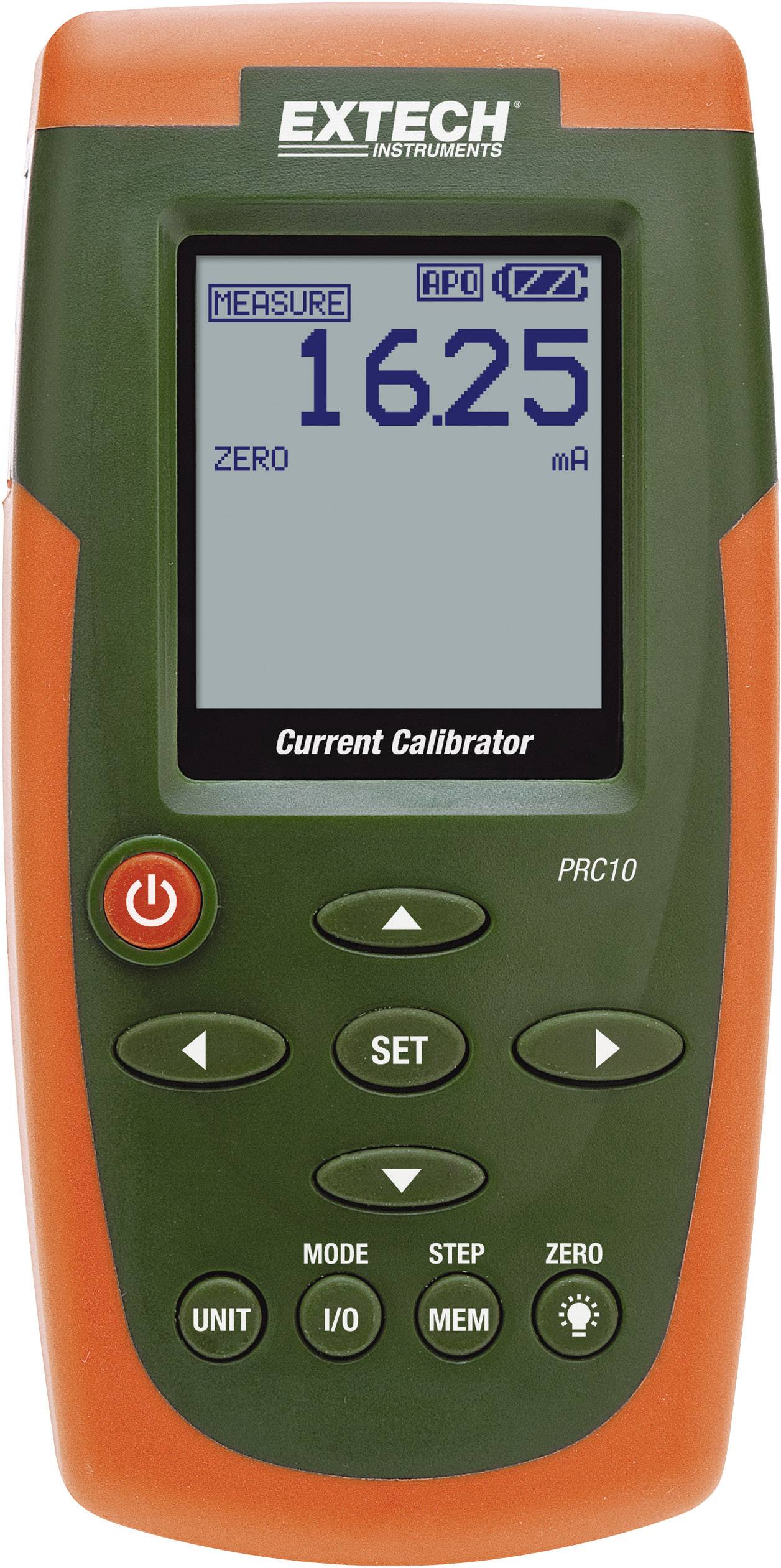 Elektronisch kalibratieapparaat met display toont '16,25 mA'. Bedieningsknoppen eronder. Gemerkt met 'EXTECH'.