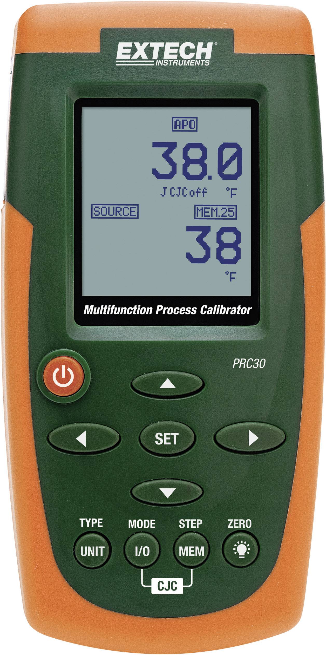 Een multifunctionele proceskalibrator met LCD-scherm toont waarde '38.0'. Toetsen voor instellingen zijn daaronder zichtbaar.