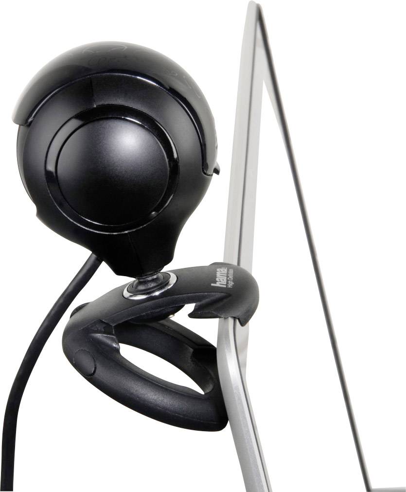 Het is een zwarte webcam die is gemonteerd op een flatscreen-monitor. De camera is licht beweegbaar ingesteld.