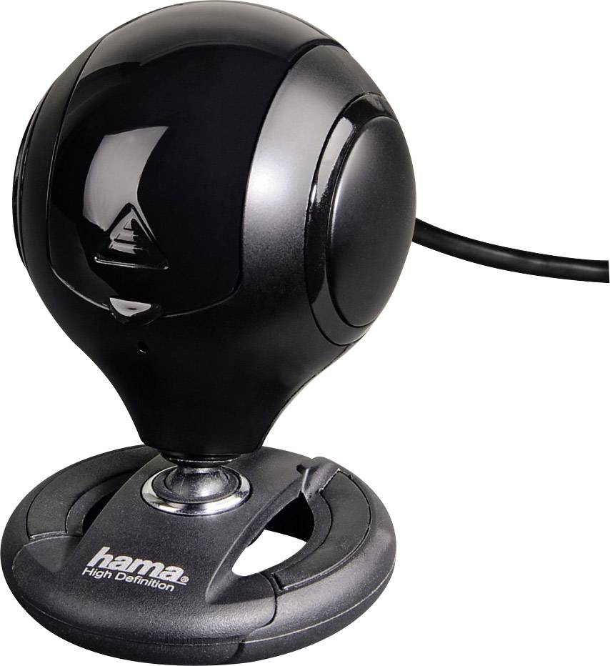 Zwarte webcam op standaard met kabel, Hama-model, aangeduid als "High Definition".