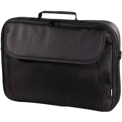 Zwarte laptoptas met handgreep, rechthoekige vorm en een afsluitbare voorzak, ideaal voor het veilig vervoeren van een laptop.