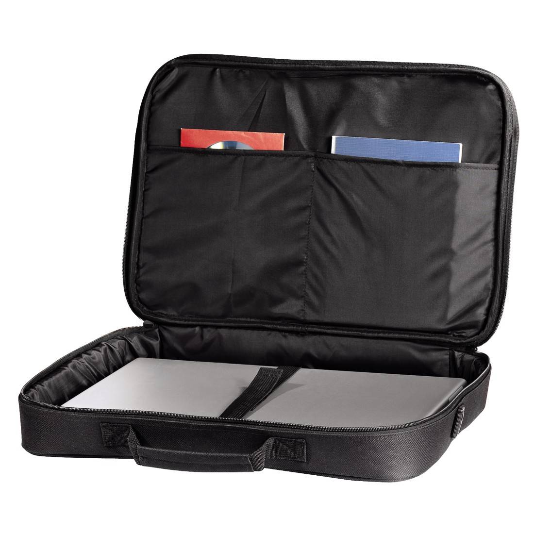 Zwarte tas met opening, met daarin een laptop en twee documentmappen met rode en blauwe papieren documenten.